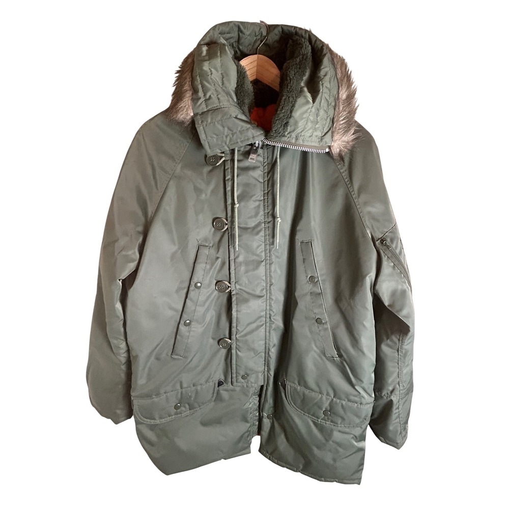 Spiewak N-3B Parka Mens L Green Faux Fur Trim Hood Padded Flight Jacket